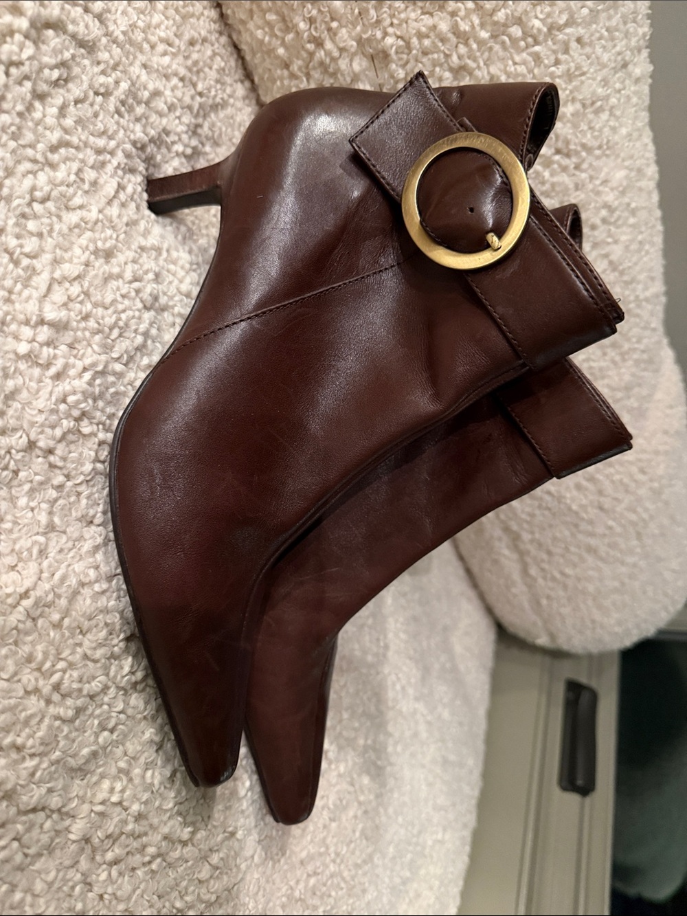 Anne Klein Dark Brown Leather Ankle Booties with Gold Buckle. Exc cond. sz 8